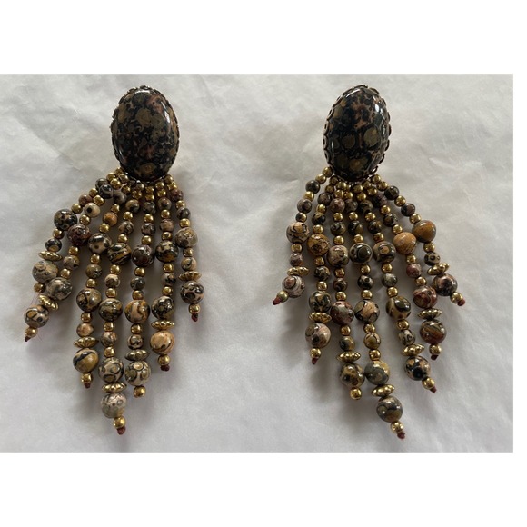 D. Lowell Boston Jewelry - Vintage D Lowell Boston Leopard Skin Jasper Statement Earrings Beaded Tassel 90s